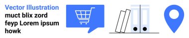 Konuşma balonunda alışveriş arabası, iki kitap, iki doküman klasörü ve mavi broş. Çevrimiçi alışveriş, e-ticaret, eğitim, ofis organizasyonu, navigasyon hizmetleri, dijital