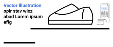 Ayakkabılı monokromatik çizgiler ve makbuzlu POS satış makinesi. Çevrimiçi alışveriş, perakende, ecommerce, işlemler, ödemeler, ayakkabılar ve çıkış görselleştirme için ideal