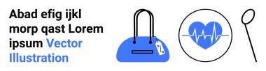 Fiyat etiketli mavi çanta, kalp atışı çizgili kalp ve kaşık. Alışveriş, moda, sağlık, tıbbi, yemek pişirme, web tasarımı ve pazarlama temaları için idealdir. İniş sayfası