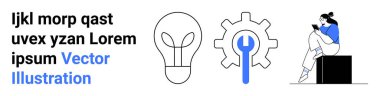 Yenilik ve problem çözmeyi temsil eden ingiliz anahtarı simgeli ampul ve ekipman. Bir kutunun üzerinde okuma şekli. Teknoloji, tasarım, yenilik, eğitim, pazarlama, web geliştirme, içerik oluşturma için ideal