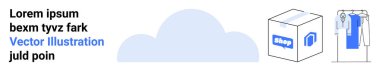 Dükkan etiketli kutu, bulut simgesi ve raftaki kıyafetler e-ticareti temsil ediyor. Çevrimiçi alışveriş, perakende satış, bulut depolama, lojistik, moda envanter yönetimi dijital pazar yeri için ideal. İniş sayfası
