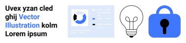 Ekranda turta grafiği olan vektör sanatı fikirleri sembolize eden ampul ve güvenlik için mavi kilit simgesi. İş, teknoloji, yenilik, yaratıcılık, veri güvenliği, analitik, sunumlar için ideal