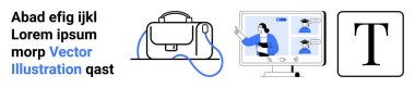Mavi askılı siyah-beyaz çanta, online öğretim elemanı, metin blokları. Eğitim materyalleri, e-öğrenim platformları, teknoloji sunumları, pazarlama, web sitesi grafikleri, dijital