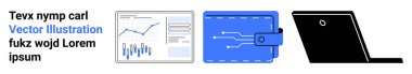 Finansal grafik, mavi cüzdanlı elektronik cüzdan ve siyah bir laptop. Finans, dijital ödemeler, teknoloji, analitik, yatırım, e-ticaret, iş uygulamaları için ideal. İniş sayfası