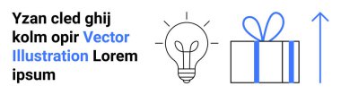 Fikirleri sembolize eden ampul, ödülü temsil eden hediye kutusu, ve büyüme için yukarı doğru ok, yer tutucu metnin yanında. Yaratıcılık, yenilik, ödüller, büyüme, sunumlar için ideal pazarlama