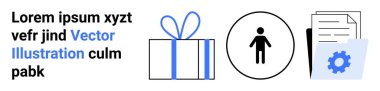 Mavi kurdeleli hediye kutusu, çemberin içinde insan figürü ve vites simgesi olan belgeler. İş, organizasyon, kullanıcı arayüzü, insan kaynakları, belgeler, hediye hizmetleri ve iş akışı için ideal