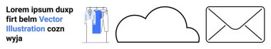 İnternet alışverişi için bulut depolama, e-posta ikonu ve elbise rafı. Bulut hizmetleri, e-posta pazarlama, moda e-ticareti, dijital depolama, çevrimiçi perakende, iletişim araçları ve markalaşma için ideal