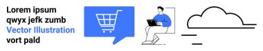 Mavi konuşma balonunda alışveriş arabası ikonu, dizüstü bilgisayarı olan insan ve minimalist tasarımda bulut depolama sembolü. E-ticaret, çevrimiçi alışveriş, dijital iletişim, teknoloji, uzaktan çalışma için ideal