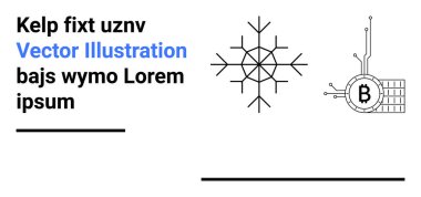 Geometrik kar tanesi ve Bitcoin sembolü satırlarla bağlantılı, yanında da yer tutucu metin. Teknoloji, kripto para birimi, kış temaları, finans hizmetleri, eğitim materyalleri, web için ideal