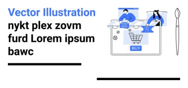İnsanlar dijital bir alışveriş ekranı ile etkileşime giriyor, nakit para ve indirim tekliflerini vurguluyor, alışveriş arabası ve satın alma düğmesi. E-ticaret için ideal, çevrimiçi alışveriş, pazarlama, promosyonlar, dijital