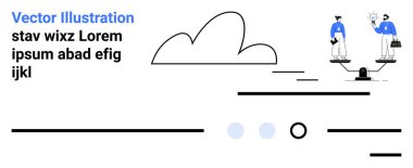 Terazinin üzerinde duran iş adamları işbirlikçi denge ve büyümeyi sembolize ediyorlar. Bulut, basamaklar ve soyut çizgiler ilerlemeyi, takım çalışmasını ve yeniliği temsil eder. Takım çalışması için ideal, denge