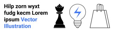 Satranç kralı parçası, yıldırım sembollü ampul, alışveriş torbası ve yer tutucu metni. Ticari strateji, yaratıcılık, yenilik, alışveriş, e-ticaret pazarlama temaları için ideal