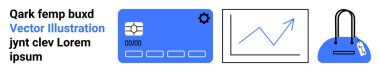Ayarlı kredi kartı, yükselen trendli mali grafik, alışveriş çantası. E-ticaret, çevrimiçi alışveriş, finans hizmetleri, fintech uygulamaları, ödeme çözümleri perakende pazarlama için ideal. İniş
