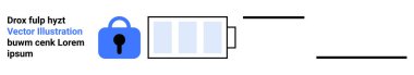 Lorem Ipsum metniyle birlikte kısmi şarjlı batarya ikonuna bitişik mavi kilit. Siber güvenlik, veri koruması, enerji tasarrufu, teknoloji ürünleri, pil sağlığı, dijital güvenlik, güvenli uygulamalar için ideal