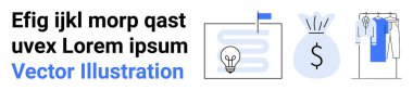 Açık mavi iş simgeleri serisi içinde bir ampul, dolar işareti, bayraklı belge ve elbise askılığı da var. İş, finans, yenilik, üretkenlik, perakende pazarlama stratejisi için ideal