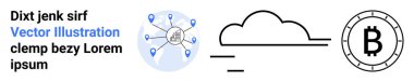 Üç çizgili bulut, çemberde Bitcoin sembolü, ağ ile bağlantılı harita işaretleyiciler bir dişli düğümü. Teknoloji, finans, kripto para birimi, bulut hesaplama, ağ oluşturma, veri analizi için ideal