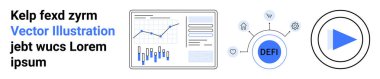 Bar ve hat grafikleri, merkezi olmayan finans yapısı ve oyun düğmesi. İş analitiği, finans, girişim, teknoloji yeniliği, dijital büyüme, ekonomik analiz, eğitim içeriği için ideal