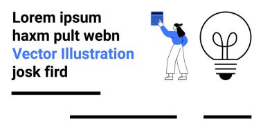 Elinde mavi bir kitap tutan kişi, dev ampul grafiğinin yanında. Teknoloji blogları, pazarlama materyali, eğitim içeriği, bilgi grafikleri, iniş sayfaları, iş sunumları, sosyal medya grafikleri için ideal