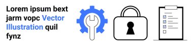 Metnin yanında vites ve anahtar simgesi, asma kilit ve kontrol listesi. Güvenlik hizmetleri, gizlilik işlevleri, dijital koruma, sistem ayarları, görev yönetimi, bilişim hizmetleri ve üretkenlik uygulamaları için ideal