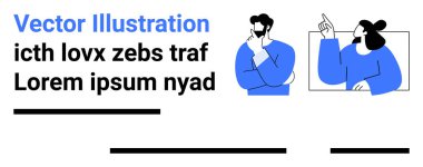 Derin düşünen bir adam ve konuşurken işaret eden bir kadın, yanında yer tutucu metin ve yatay çizgiler var. Eğitim için ideal, kurumsal eğitim, içerik oluşturma, takım çalışması, beyin fırtınası