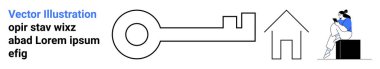Oturan ve okuyan bir kadın. Ev sembolü olan büyük bir anahtar. Güvenlik, ev sahipliği ve bilgi. Gayrimenkul, güvenlik, eğitim, ev hizmetleri, yatırım öz iyileştirmesi için ideal