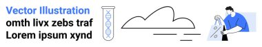 Test tüpünün içinde DNA ipliği, örneklerle çalışan bilim adamı ve bulut hesaplama illüstrasyonu. Biyoteknoloji, genetik çalışmalar, laboratuvar araştırmaları, bulut veri analizi, bilimsel