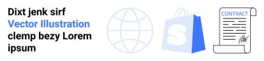 Bir dünya, alışveriş torbası ve sözleşme simgelerinin yanında yer tutucu metin içeriyor. İş, küresel ticaret, sözleşmeler, alışveriş ve internet arayüzleri için ideal. İniş sayfası