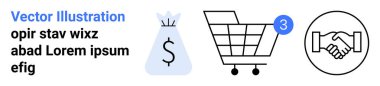 Dolarlı para çantası, tebligatlı alışveriş arabası ve daireler çizerek el sıkışma. İşletmeler, e-ticaret, finans, alışveriş, ticaret, işlemler, iş birlikleri için idealdir. İniş sayfası