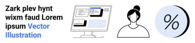 Bilgisayar ekranında dijital arayüz, kadın avatar ve yüzde sembolü var. Web tasarımı için ideal, dijital pazarlama, kullanıcı deneyimi, çevrimiçi eğitim, finansal analiz, sosyal medya