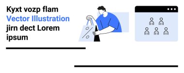 Mavi gömlekli adam, komşu bir simge tarayıcı penceresinde grup üyeleriyle sanal bir toplantı yaparken alışveriş çantalarını açıyor. E-ticaret kavramları için ideal, çevrimiçi alışveriş, takım çalışması, ürün
