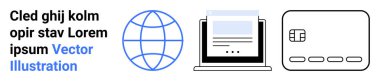 Küresel internet erişimini temsil eden dünya, web içeriğini gösteren dizüstü bilgisayar, dijital ödemeler için kredi kartı. Küresel ulaşım, web tasarımı, çevrimiçi işlemler, dijital ekonomi ve ekommerce için ideal