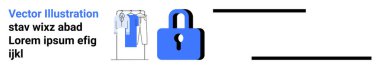 Mavi asma kilit, asma elbiseli elbise askısı, yer tutucu metni. E-ticaret, güvenlik, moda endüstrisi, veri koruması, gizlilik perakende yönetimi dijital pazarlama için ideal. İniş sayfası