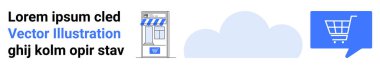 Mağaza önü ikonu, bulut grafiği, mavi baloncuklu alışveriş arabası ikonu. E-ticaret, online alışveriş, bulut depolama, dijital pazarlama, web hizmetleri, perakende sektörü, teknoloji endüstrisi için ideal. İniş sayfası