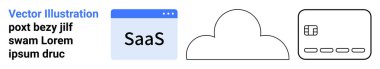 SaaS etiketli tarayıcı penceresi, bulut simgesi ve gösterge paneli gösterimi. Hizmet olarak yazılım, bulut hesaplama, web uygulamaları, veri yönetimi, teknoloji çözümleri, dijital