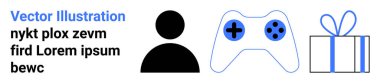 Kişi ikonu, mavi ve beyaz oyun kontrolörü ve hediye kutusu. Oyun, ödül, tanınma, çevrimiçi topluluklar, nişancı teşvikleri ve sadakat programları için ideal. İniş sayfası