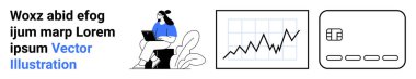 Dizüstü bilgisayar kullanan kadın, büyüme gösteren çizelge ve kredi kartı kullanan kadın. İş analizi, finans, istatistik, çevrimiçi ödemeler, uzaktan kumandalı teknoloji dijital pazarlama için ideal. İniş sayfası