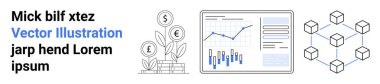 Döviz sembollü para ağacı, grafikli veri analiz ekranı ve birbirine bağlı blok küpleri. Finans, yatırım, veri analizi, engelleme teknolojisi, fintech, büyüme için ideal