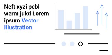 Üç dikey çubuklu çubuk, yukarı doğru oklar, değişen metin elemanları, yatay çizgiler ve noktalar. Veri görselleştirme, teknoloji sunumu, iş analizi, bilgi tasarımı için ideal