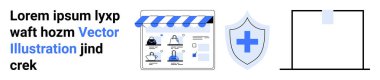E-ticaret web sitesi arayüzü çizgili tente ile alışveriş simgeleri ve tanımlamaları gösteriyor. Çapraz sembollü bir güvenlik kalkanı. Çevrimiçi alışveriş, e-ticaret, siber güvenlik, web sitesi için ideal