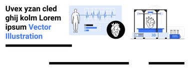 İnsan silueti, kalp atış hızı grafiği, kalp sembolü, üç boyutlu kalp yazıcısı olan tıbbi çizelge. Sağlık, tıbbi teknoloji, kardiyoloji, biyoteknoloji, tanı, hasta izleme ve eğitim için ideal