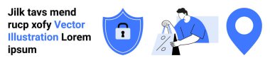Mavi çantalı adam, kilit ikonlu kalkan, mavi yer işareti. E-ticaret, güvenlik, çevrimiçi alışveriş, koruma, navigasyon pazarlama ve web tasarımı için ideal. İniş sayfası