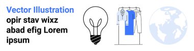 Ampul ikonu, elbise askısı, asılı giysiler, ve tek renkli bir dünya. Yenilik, moda, küresel ticaret, sürdürülebilirlik, yaratıcı süreçler, teknolojik gelişmeler için ideal