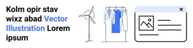 Rüzgar türbini, giysi askısı, ve çevrimiçi ürün sayfası. Sürdürülebilirlik, çevre dostu moda, yenilenebilir enerji, e-ticaret, dijital pazarlama, çevrimiçi perakende çevre