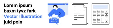 Tarayıcı penceresinin önünde Cash Back tabelası tutan bir adam, bir belge ve hesap makinesi. Finans uygulamaları, bütçe planlayıcıları, muhasebe, nakit teklifleri, online bankacılık, finansal istişareler için ideal