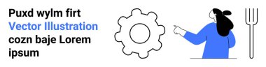 Çatal tutarken büyük bir dişliyi işaret eden biri. Sol tarafta kalın ve mavi yazı tipi var. Teknik rehberler, eğitim materyalleri, bilgi grafikleri, kullanıcı kılavuzları, web siteleri için ideal