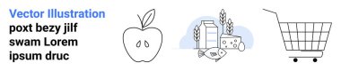 Yapraklı elma, sütlü ve peynirli süt ürünleri ve bir alışveriş arabası. Beslenme, bakkal, sağlıklı beslenme, diyet planları, yemek blogları, süpermarket promosyonları, e-ticaret için ideal. Pankart