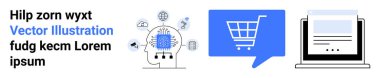Düğümlü sinirsel ağ, sohbet balonunda mavi alışveriş arabası, dizüstü bilgisayar arayüzü. E-ticaret, yapay zeka, teknoloji, online alışveriş, dijital ödemeler, web geliştirme ve otomasyon için ideal. İniş sayfası