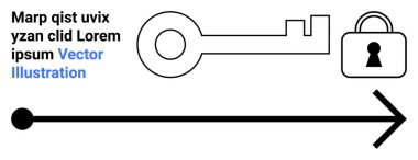 Kilidi açan anahtar, sağ tarafı gösteren bir ok. Metin tutucu ve renkli vektör illüstrasyonu. Güvenlik, gizlilik, navigasyon, rehberlik, koruma, yön ve şifreleme için ideal. İniş