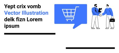 İş adamları el sıkışıyor, mavi alışveriş arabası konuşma balonu, mesaj. E- ticaret, ortaklık, işbirliği, pazarlama, iletişim, ağ, satış ve etkileşim kavramları için ideal