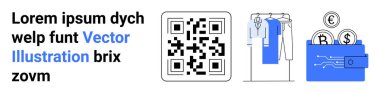QR kodu, askıdaki kıyafetler ve bozuk paralı dijital cüzdan. E-ticaret için ideal, dijital ödemeler, online alışveriş, moda endüstrisi, fintech perakende pazarlama QR teknolojisi. İniş sayfası